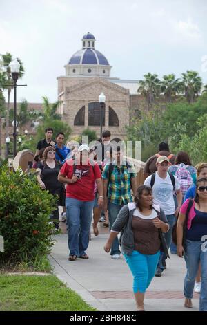 Brownsville, Texas USA, 8 ottobre 2009: Studenti universitari prevalentemente ispanici che camminano per le classi con le scuole di istruzione e affari in background presso il campus dell'Università del Texas-Brownsville/Texas Southmost College. ©Bob Daemmrich Foto Stock