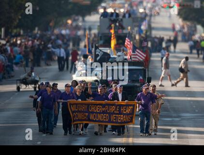 Austin Texas USA, 11 novembre 2009: I membri dell'Order of the Purple Heart portano la loro bandiera durante la parata annuale del Veteran's Day che si dirige su Congress Avenue attraverso il centro fino al Campidoglio dello Stato. © Bob Daemmrich Foto Stock