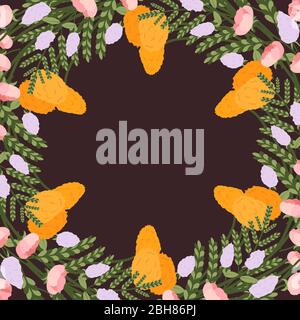 Cornice con dente di leone giallo, fiore rosa, mazzo lilla, foglia di felce. Fioritura primaverile. Cartolina floreale di saluto. Elemento decorativo vintage. Illustrazione Vettoriale