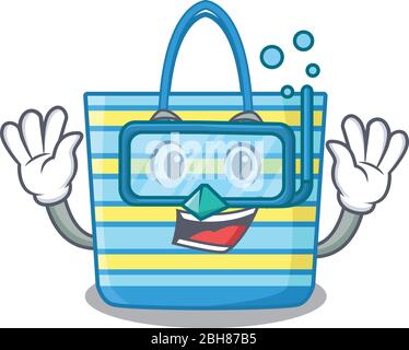 Beach bag mascotte design concept indossare occhiali da immersione Illustrazione Vettoriale