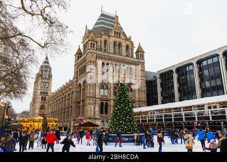 Inghilterra, Londra, South Kensington, il Museo di Storia naturale pista di pattinaggio su ghiaccio, pattinaggio su ghiaccio Foto Stock