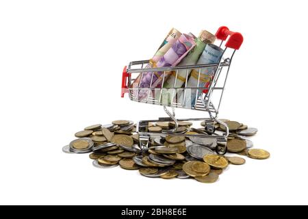 Carrello in miniatura pieno di pacchi di banconote ucraine di hryvnia in piedi su un mucchio di monete ucraine. Primo piano, isolato su bianco. Foto Stock