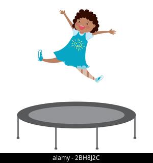 ragazza africana felice americana che salta su un trampolino, godendo la scolaretta, isolato su sfondo bianco, cartoon illustrazione vettoriale Illustrazione Vettoriale