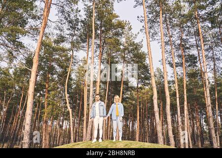 Giovane coppia caucasica tra alberi di conifere Foto Stock
