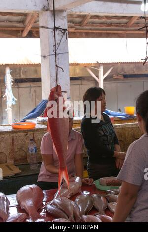 Tomohon, Indonesia - 12 agosto 2017: Persone al mercato del pesce di Tomohon, Indonesia Foto Stock