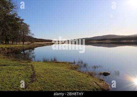 Guarda il sud-est attraverso Loch Borralan, le Highlands scozzesi, la Scozia, il Regno Unito Foto Stock