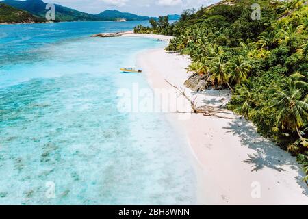 Gita di un giorno all'Isola di Therese. Mahe. Una vista aerea drone dalla laguna blu e barca turistica solitaria arrivare a riva a spiaggia di sabbia con palme tropicali. Concetto di viaggio. Foto Stock