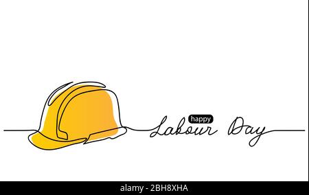 Felice Labor Day semplice vettore web background. Elmetto giallo. Festa del lavoro per le lettere. Sfondo minimalista, banner, poster Illustrazione Vettoriale