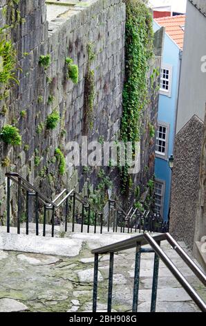 Le Escadas do Caminho, una delle ripide e tortuose scale, in effetti, strade pedonali che attraversano il centro medievale di Porto, Portogallo Foto Stock