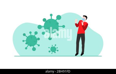 Illustrazione vettoriale dell'uomo in camicia rossa e maschera chirurgica con mani sollevate nella paura, paura di coronavirus, COVID-19, germi o virus isolati. Illustrazione Vettoriale