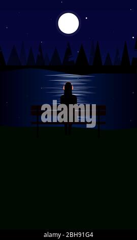 Poster scuro di silhouette di donna con cuffie rosa, seduto su una panchina e guardando la luna e le stelle nel cielo splendente sull'acqua. Illustrazione Vettoriale