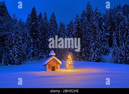 Winterly cappella innevata con albero di Natale nel Elmau a Klais, distretto di Krün, Werdenfelser Land, alta Baviera, Baviera, Germania Foto Stock