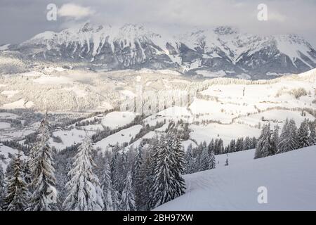 Paesaggio invernale innevato a Söll, Wilder Kaiser, Tirolo, Austria Foto Stock