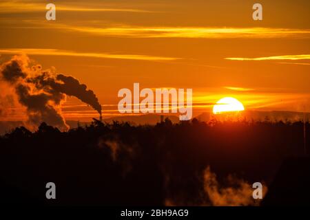 Cialde di fumo dai camini di una centrale elettrica, alberi in primo piano, nuvole di luce in cielo arancione Foto Stock