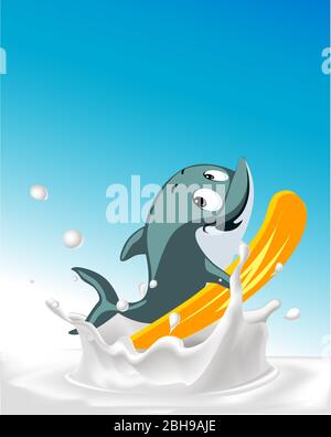 Spruzzare latte con il carattere di delfini da surf FIT disegno piatto vettore Illustrazione Vettoriale