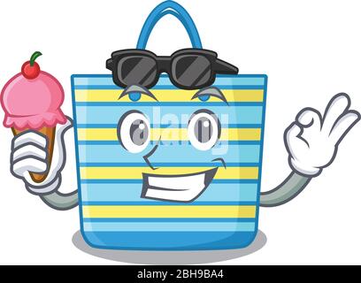 Concetto di design di cartone animato di borsa da spiaggia con un gelato Illustrazione Vettoriale