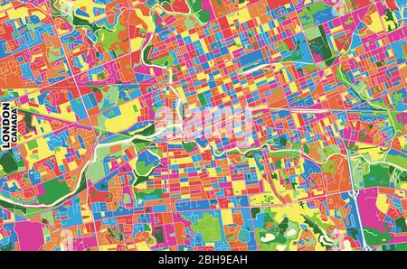Mappa vettoriale colorata di Londra, Ontario, Canada. Modello Art Map per autostampare opere d'arte murali in formato orizzontale. Illustrazione Vettoriale