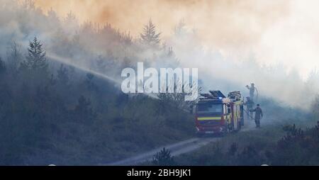 Un fuoco attraverso una grande area di gola a Newry, dove i vigili del fuoco stanno affrontando le fiamme che bruciano da diversi giorni, come il Servizio di soccorso e antincendio dell'Irlanda del Nord ha detto che il fuoco selvaggio in questa fase sembra essere stato deliberatamente iniziato. Foto Stock