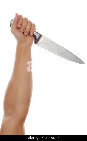 Maschio mano tenendo grande coltello da cucina argento Foto Stock