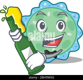 Mascot carattere design di pseudomonas aeruginosa dire rallegrarsi con bottiglia di birra Illustrazione Vettoriale