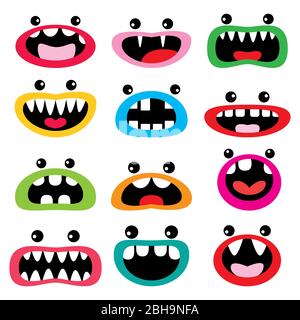 Monster Cartoon personaggio vettore icone set, volti divertenti - bocca aperta con denti, lingua e occhi design Illustrazione Vettoriale