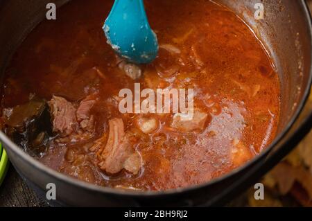 Cucinare borsch sulla natura. Cottura di salsa rossa nei boschi. Foto Stock