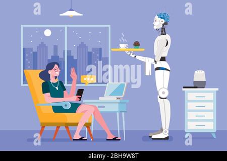 Donna ha controllato una moderna Smart Home da uno smartphone. Concetto di stile di vita. Illustrazione vettoriale. Illustrazione Vettoriale