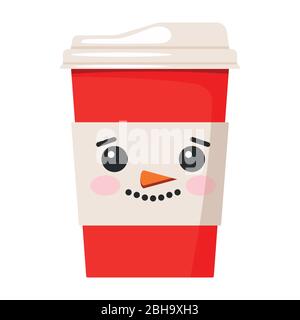 Buon caffè di carta di Natale o tazza di tè decorata con cute faccia di pupazzo di neve isolato su sfondo bianco. Illustrazione Vettoriale