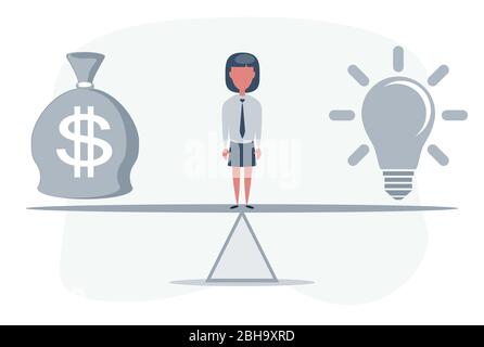 Lampadina e dollari in saldo. Idea e borsa di denaro equilibrata su scale. L'idea è denaro. Concetto aziendale. Illustrazione Vettoriale
