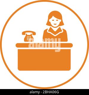 Design bellissimo e reception completamente modificabile, receptionist, banco, lobby, ufficio, icona del servizio per il commercio, stampa media, web o qualsiasi tipo di design Illustrazione Vettoriale