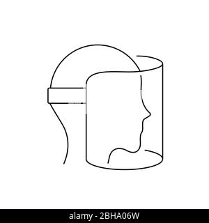 Icona della linea di schermatura facciale. Profilo della visiera con copertura integrale. Maschera protettiva medica con testa. Covid 19 protezione personale.Nero su sfondo bianco Illustrazione Vettoriale