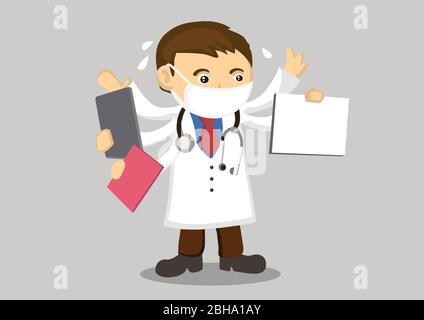 Medico con più mani. Concetto di multitasking medico medico. Illustrazione del vettore di caratteri Illustrazione Vettoriale