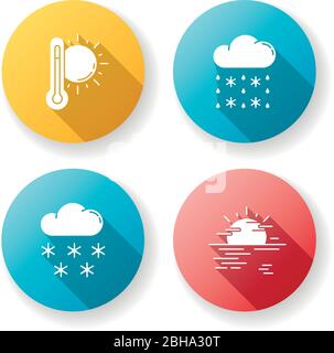 Previsione di temperatura e precipitazione disegno piatto icone glifo a lunga ombra impostato Illustrazione Vettoriale