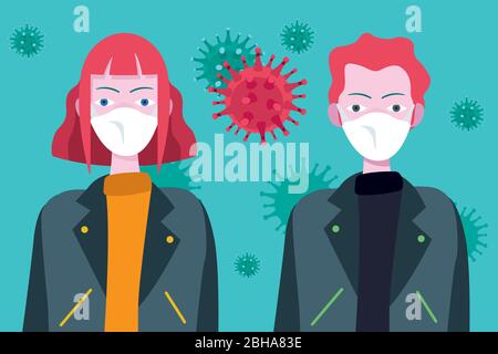 Giovani che indossano maschere per proteggersi dai sintomi del coronavirus e del virus epidemico. Illustrazione vettoriale. Illustrazione Vettoriale