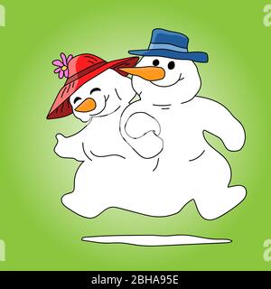 Cartoon snowman e neve donna camminare mano in mano felicemente illustrazione vettoriale Illustrazione Vettoriale