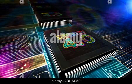Industria 4.0, innovazione e tecnologia digitale moderna. Concetto futuristico linea di produzione CPU astratta illustrazione del rendering 3d. Fabbrica del processore w Foto Stock