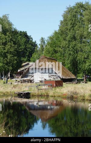 Fienile nella riserva naturale Goldenstedter Moor, Goldenstedt, distretto di Vechta, bassa Sassonia, Germania, Europa Foto Stock