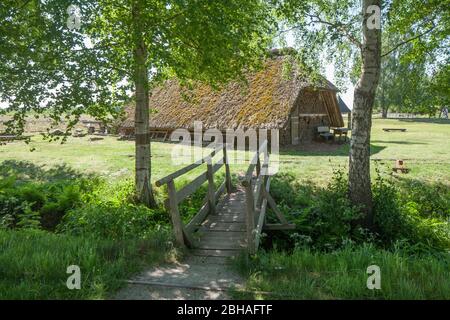 Fienile con ponte in legno nella riserva naturale Goldenstedter Moor, Goldenstedt, distretto di Vechta, bassa Sassonia, Germania, Europa Foto Stock