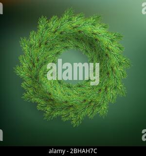 Cornice del modello di saluto di Natale e di Capodanno. Decorazione invernale tradizionale con rami sempreverdi. EPS 10 Illustrazione Vettoriale