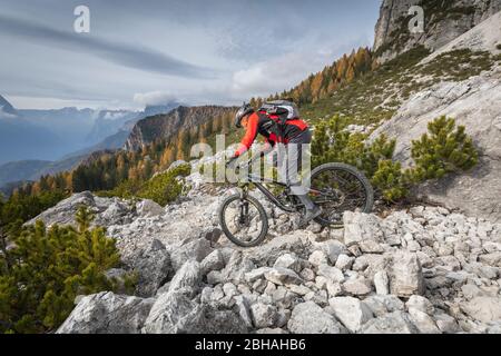 Mountainbiker estremo nelle Dolomiti, Agordino, Belluno, Veneto, Italia Foto Stock