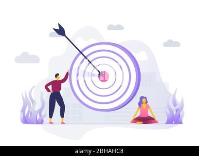 Leader uomo d'affari con obiettivo enorme e donna, lavoro di squadra, vettore disegno piano. Vittoria, raggiungimento degli obiettivi, raggiungimento degli obiettivi, successo del team aziendale, targeting. Illustrazione Vettoriale