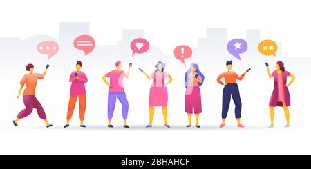 Social Network, resta connesso, persone che si connettono in tutto il mondo, personaggi giovani che chattano, comunità online, per pagina web, banner, presentazione, social media, illustrazione vettoriale. Illustrazione Vettoriale