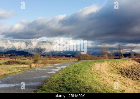 Splendida vista dalla storica Pitt Meadows - Maple Ridge Dykes nella zona di Greater Vancouver, British Columbia, Canada. Foto Stock