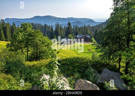 Europa, Germania, Baviera, Prealpi bavaresi, Benediktbeuern, vista del Tutzinger Hütte nelle Prealpi bavaresi Foto Stock