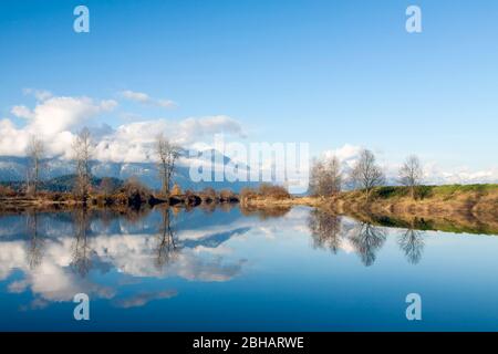 Splendida vista dalla storica Pitt Meadows - Maple Ridge Dykes nella zona di Greater Vancouver, British Columbia, Canada. Foto Stock