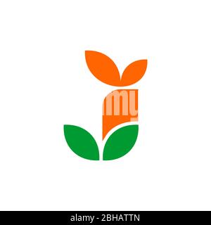 Logo lettera J, concetto di disegno di frutta arancione, icona e simbolo, nome iniziale dell'azienda e prodotto industriale della frutta. Illustrazione Vettoriale