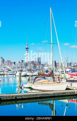 Skyline di Auckland da Westhaven Marina, Auckland, North Island, Nuova Zelanda, Foto Stock