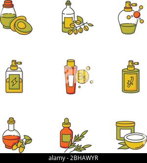 Set icone colori RGB per oli per capelli. Maschera cosmetica al cocco in confezione da vasetto. B5 pantenolo in tubo. Silicio antistatico e liquido. Formula chimica della cheratina per Illustrazione Vettoriale