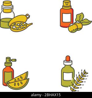 Set icone colori RGB per oli per capelli. Macadamia noci crude per cosmetici ornici. Estratto di semi di melone Kalahari per prodotti per la cura dell'aria. Essenza da baobab esotico Illustrazione Vettoriale