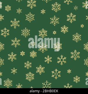 Allegra vacanza di Natale, felice festa di Capodanno decorazione d'oro, semplice senza cuciture motivo fiocco di neve. Carta da parati verde, decorazione avvolgente. EPS 10 Illustrazione Vettoriale